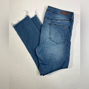Articles of Society Medium Wash Blue Denim Skinny Ankle Jeans with Raw Hem